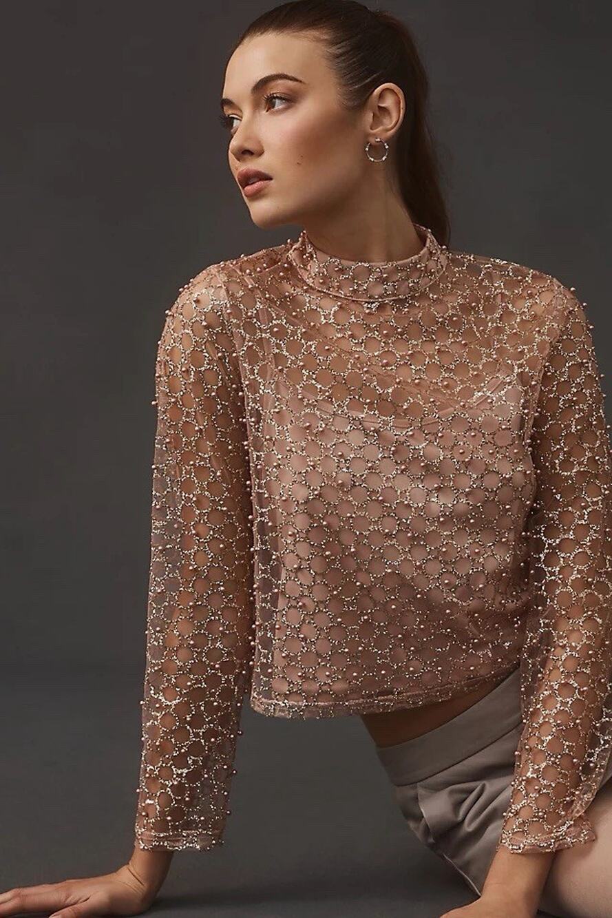 NWT Anthropologie Blue Tassel Size L Pearl Embellished Blouse With Cami Pink